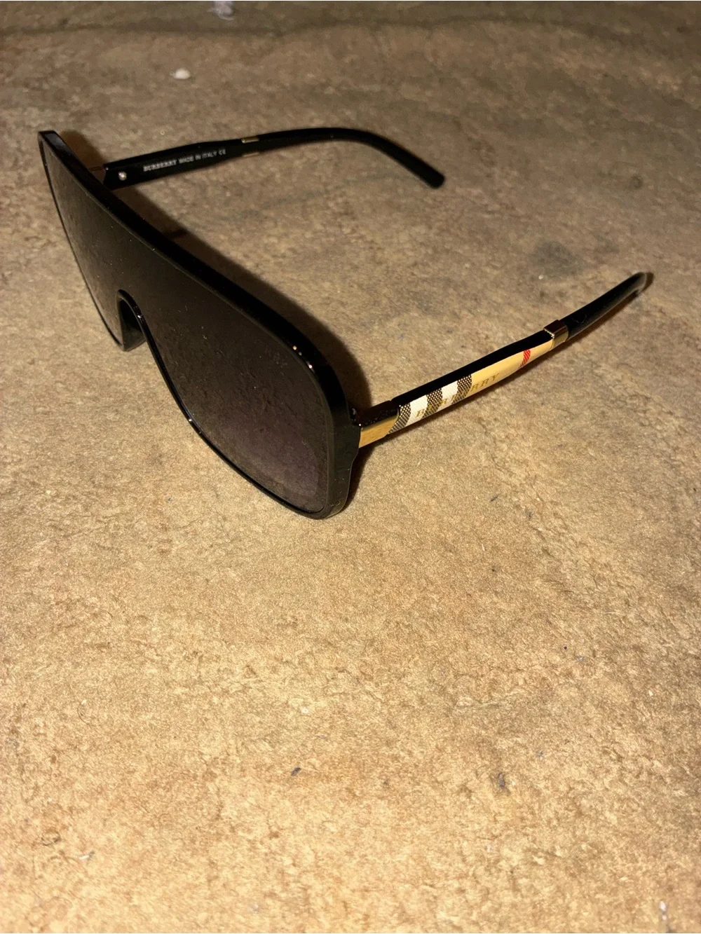 Burberry Black Shield Sunglasses with Check-Pattern Gold Temples